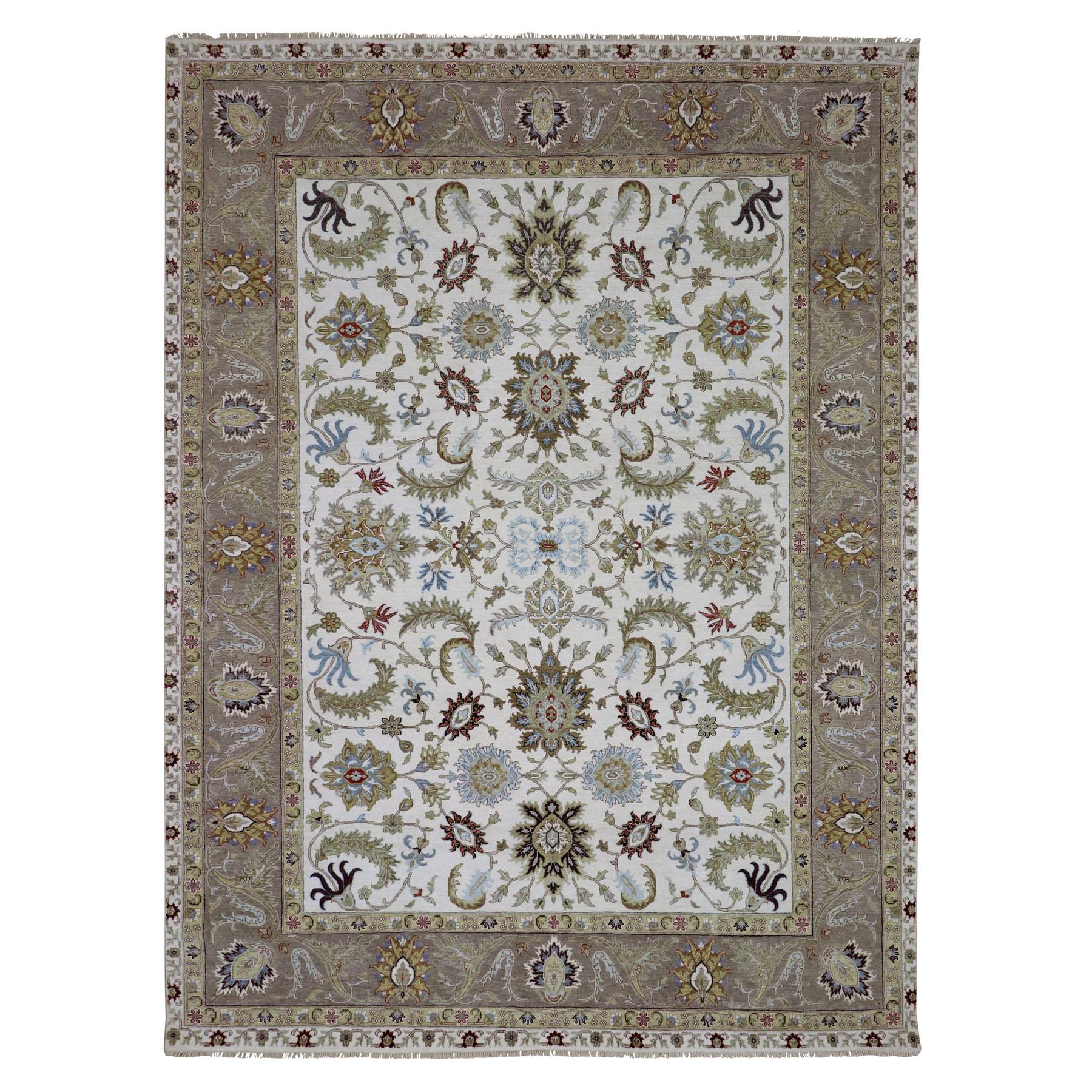 Super White With Elephant Brown, Pure Velvety Wool, Natural Dyes, Agra Hand Knotted With Scroll and Large Leaf Design, Oriental Rug